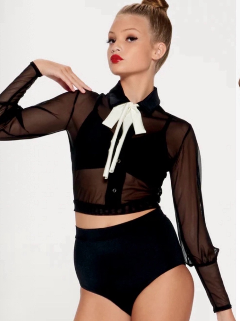 Kelle Costume- Sheer Black Long-Sleeve Crop Top with Cream Bow Neck Tie